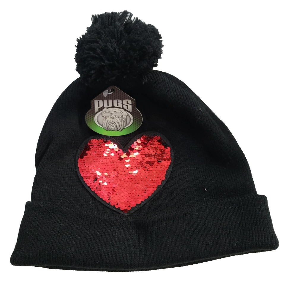 Pugs Toboggan Pom Pom Knit Beanie Black Red Sequin Heart Logo Hat One Size